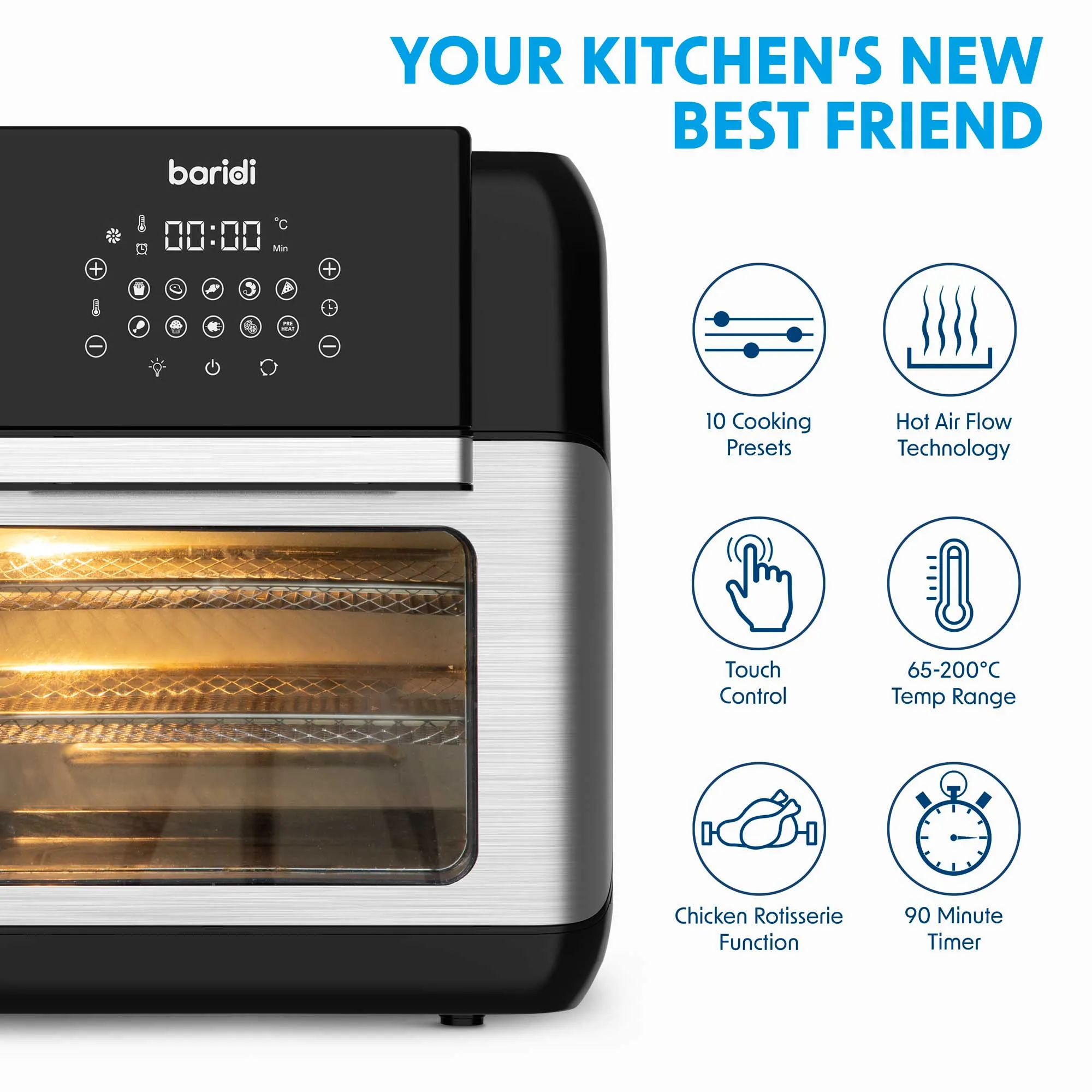 Baridi 1500W Air Fryer, Rotisserie and Grill, 10 Functions with Accessory Kit, 12L - DH191