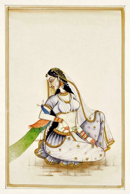 Beautiful Lady with Peacock - Miniature Painting 6.75"
