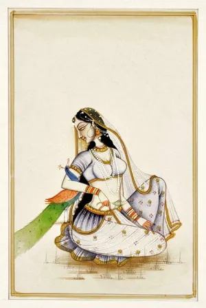 Beautiful Lady with Peacock - Miniature Painting 6.75"