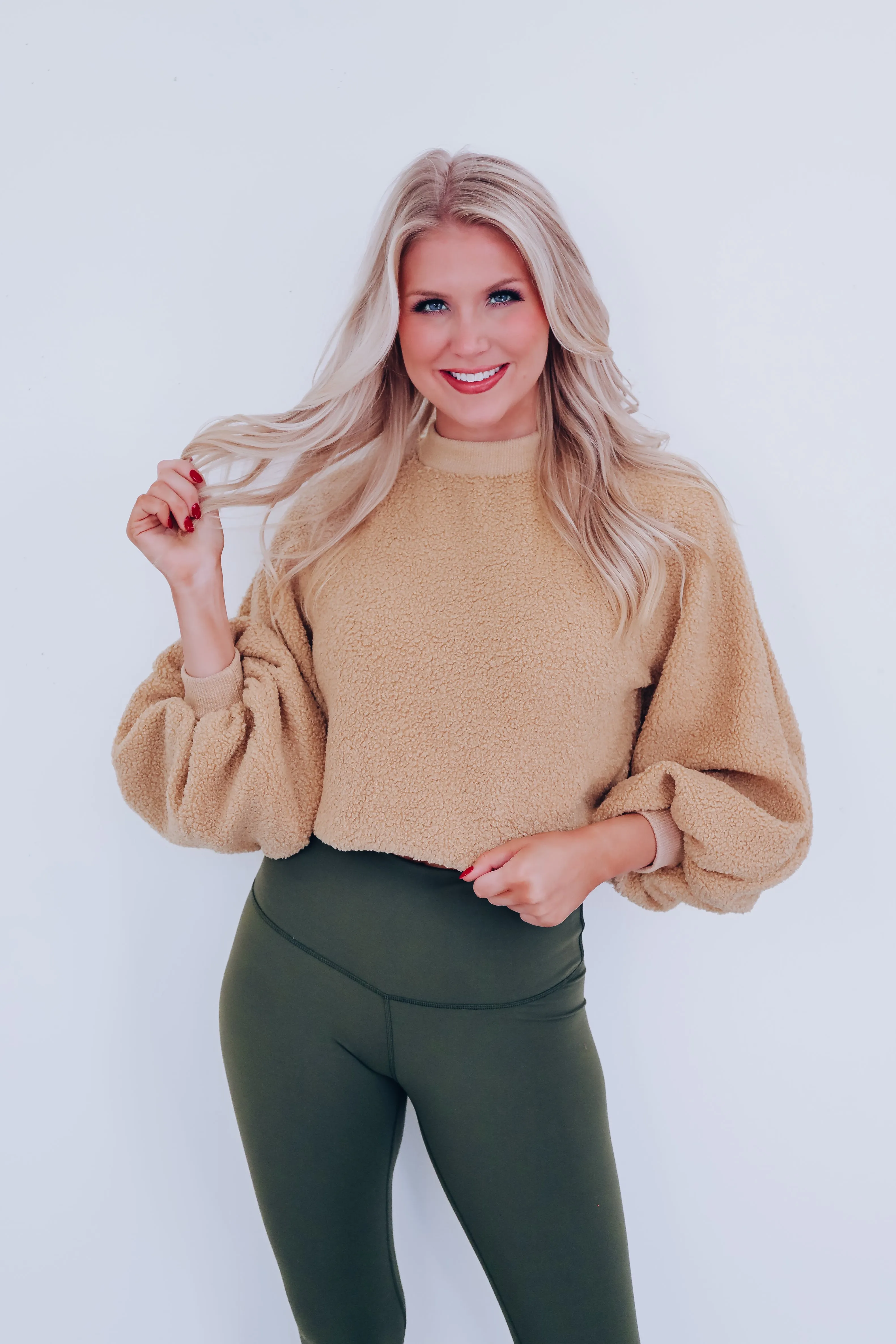 Bell Cropped Sherpa Sweater - Tan