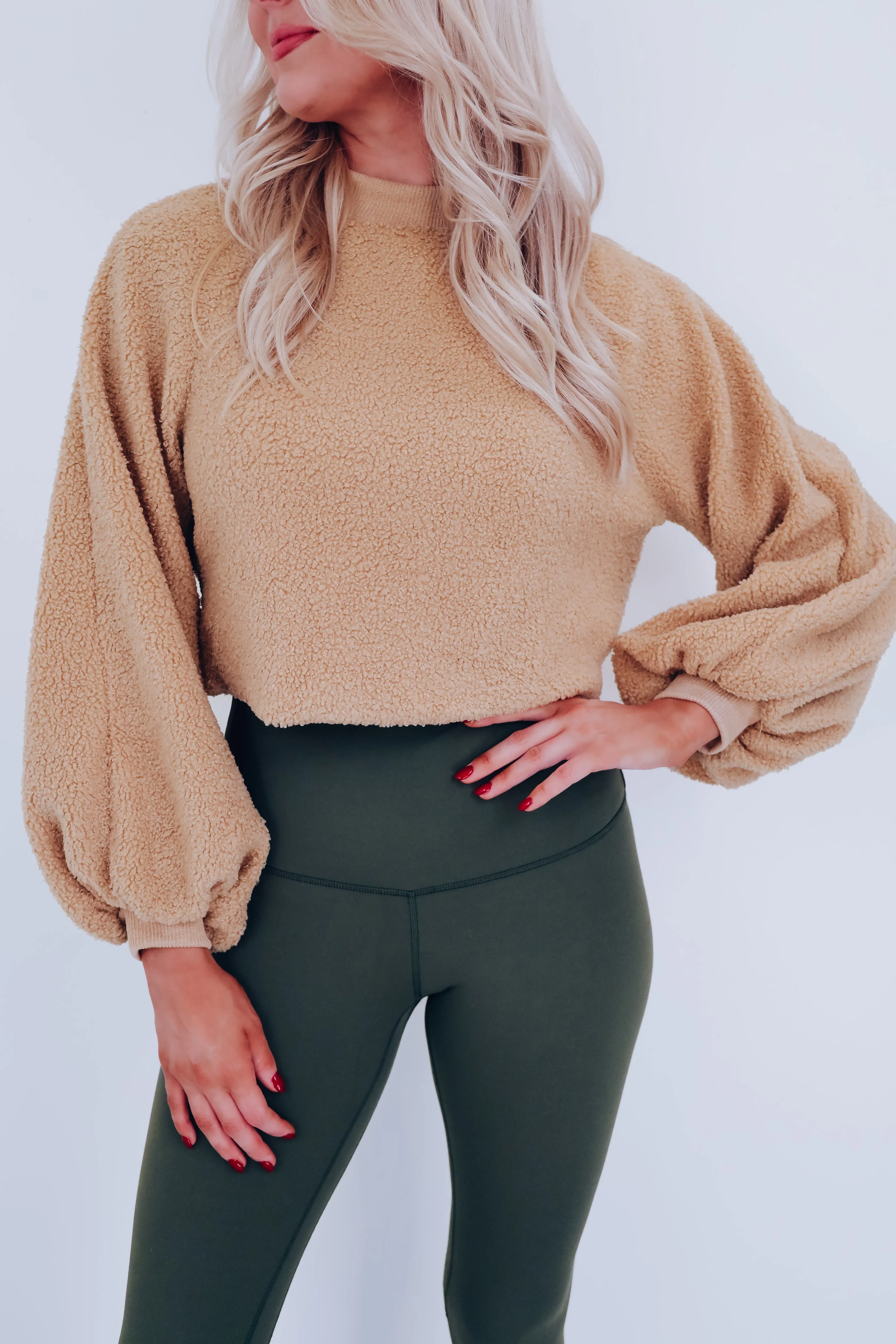 Bell Cropped Sherpa Sweater - Tan