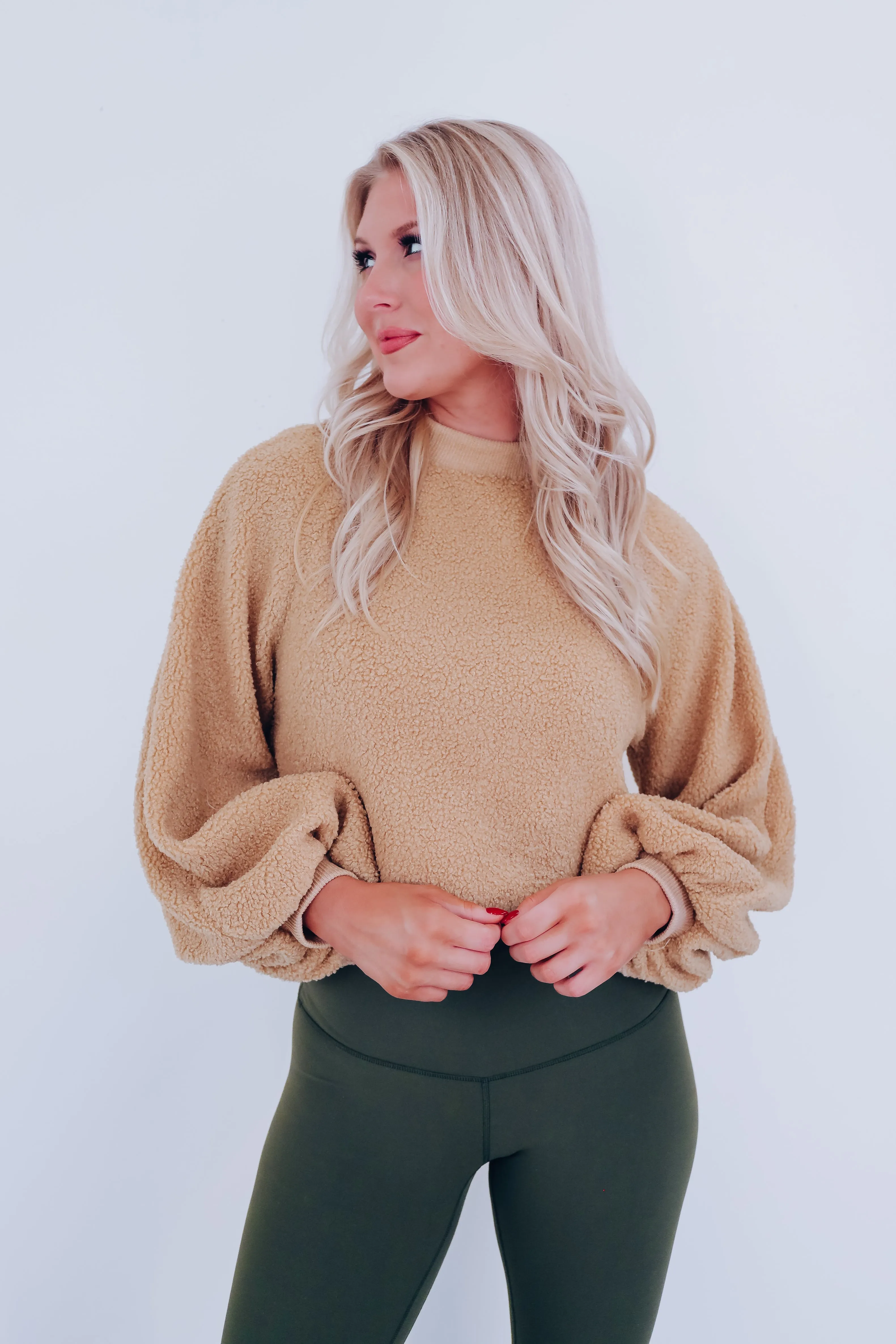 Bell Cropped Sherpa Sweater - Tan