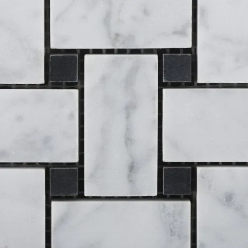 Bianco Carrara White Marble Polished Basketweave Mosaic Tile with Black Dots - Lot of 50 sq. ft.
