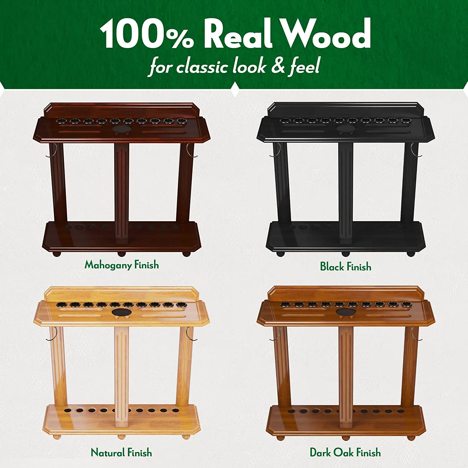 Billiards pool cue rack - holds 10 pool sticks and a full set of balls