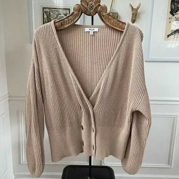 Billie The Label Madeleine Double Breasted Cardigan Sweater Tan M