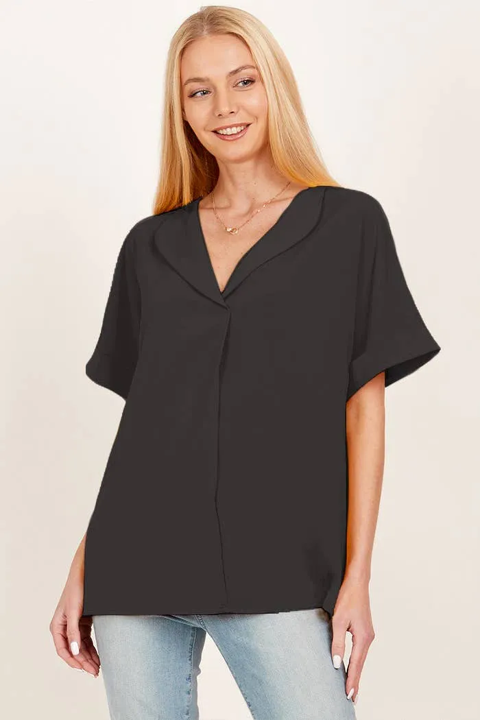 Black Solid Collared Short Sleeve Loose Boxy Top