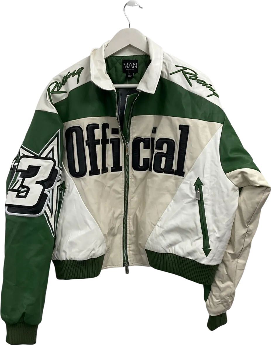 boohooMan Green Boxy Fit Pu Moto Collared Bomber Jacket UK M