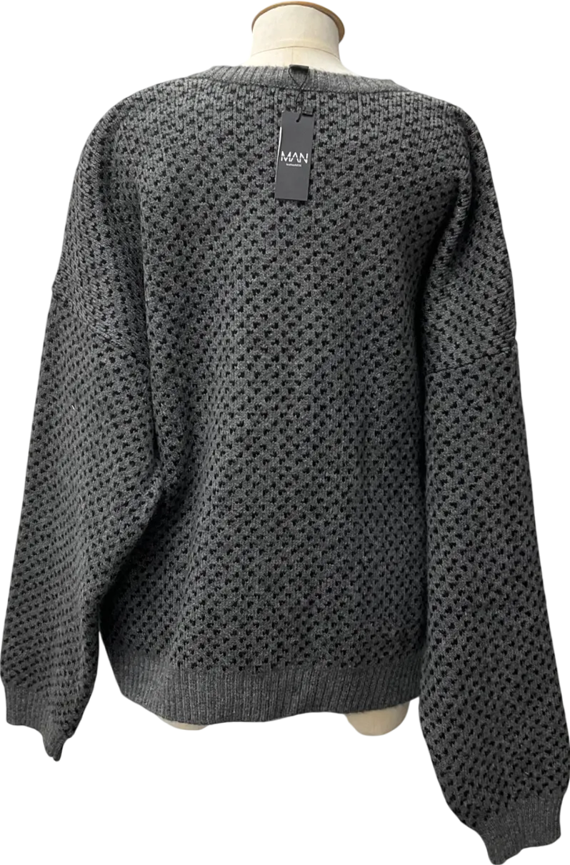 boohooMan Grey Oversized Boxy Brushed Face All Over Jacquard Jumper UK XL