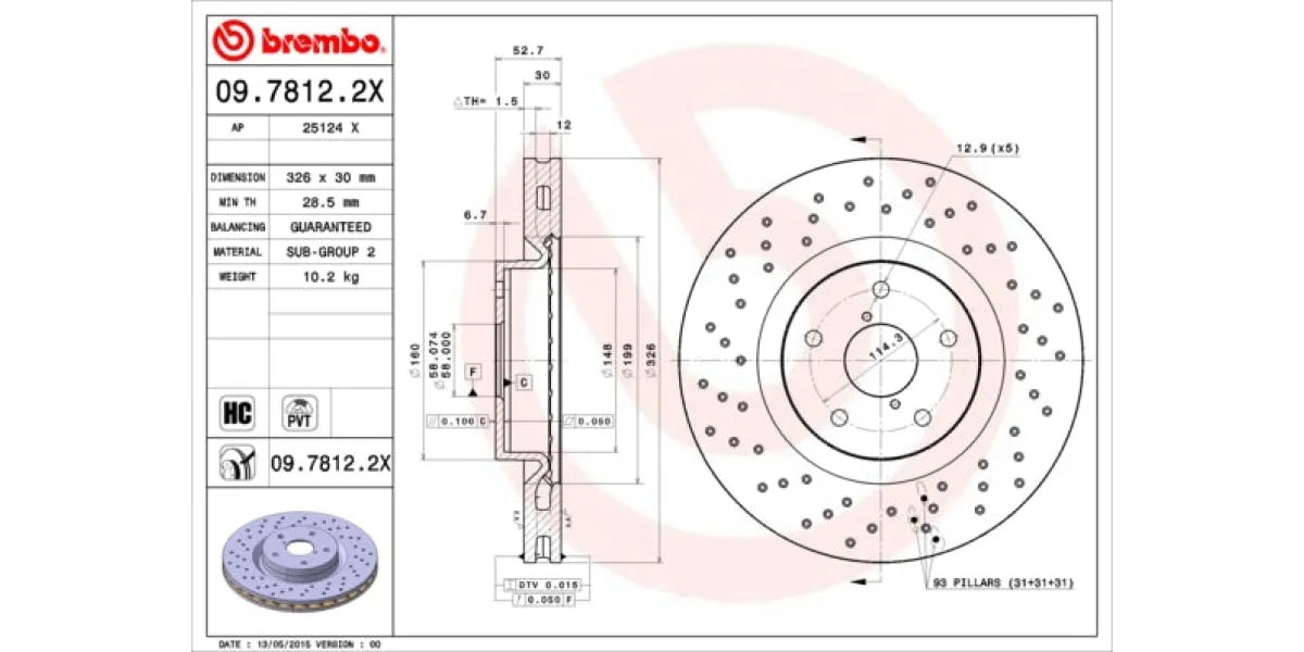 Brake Disc Front (1 In Box) Drilled Subaru Impreza (Brembo 0978122X)