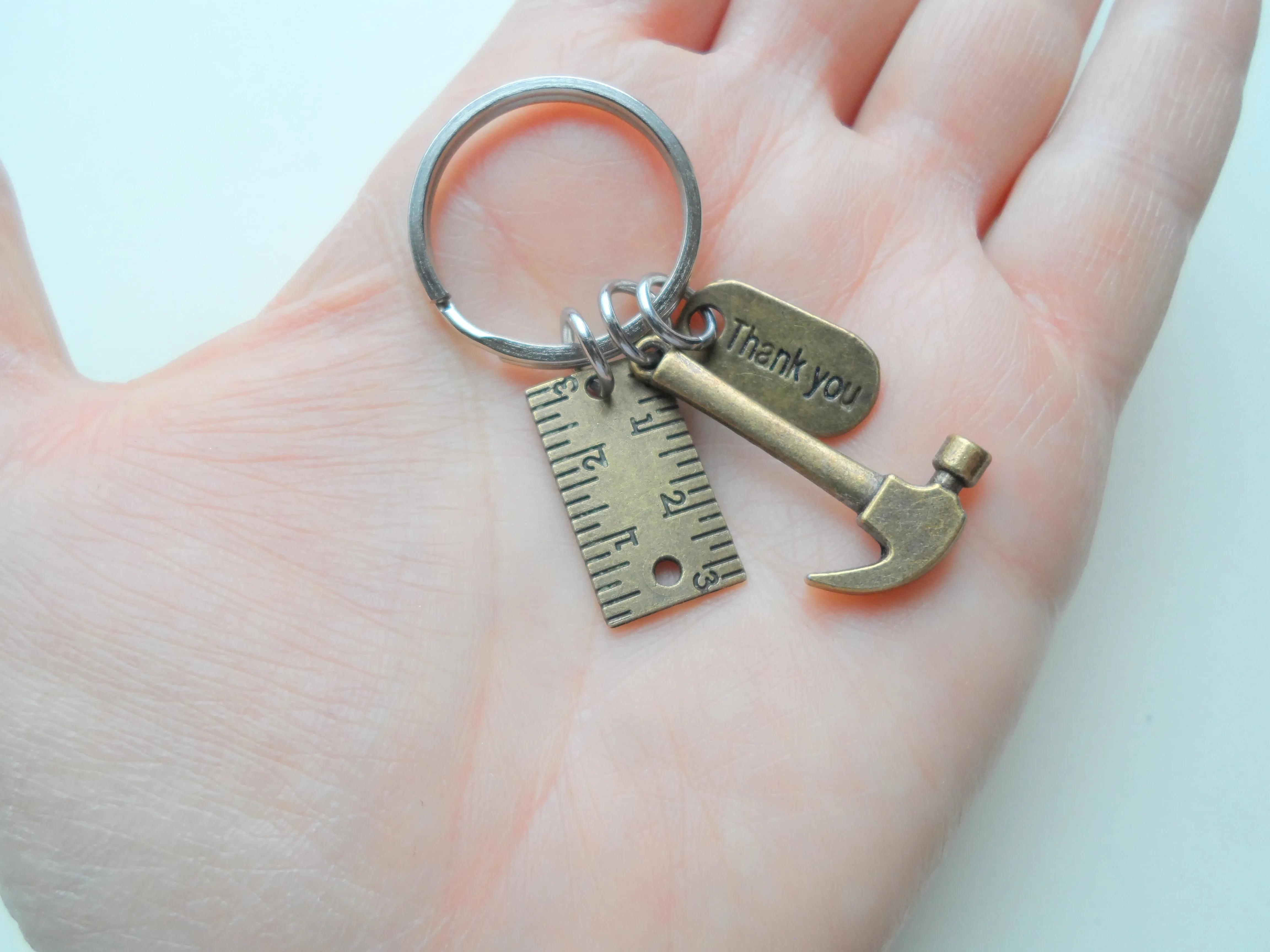 Bronze Hammer Charm Keychain with Ruler Charm and Thank You Charm, Handy Worker Keychain