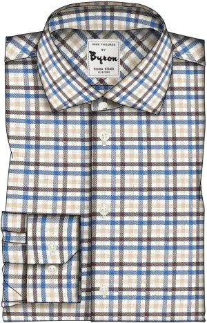Brown Navy & Beige Check, English Wide Spread Collar, Angled Cuff