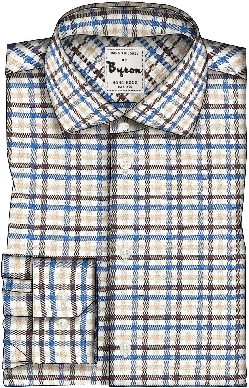 Brown Navy & Beige Check, English Wide Spread Collar, Angled Cuff