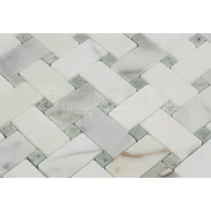 Calacatta Gold (Italian Calcutta) Marble Basketweave Mosaic Tile with Ming Green Marble Dots