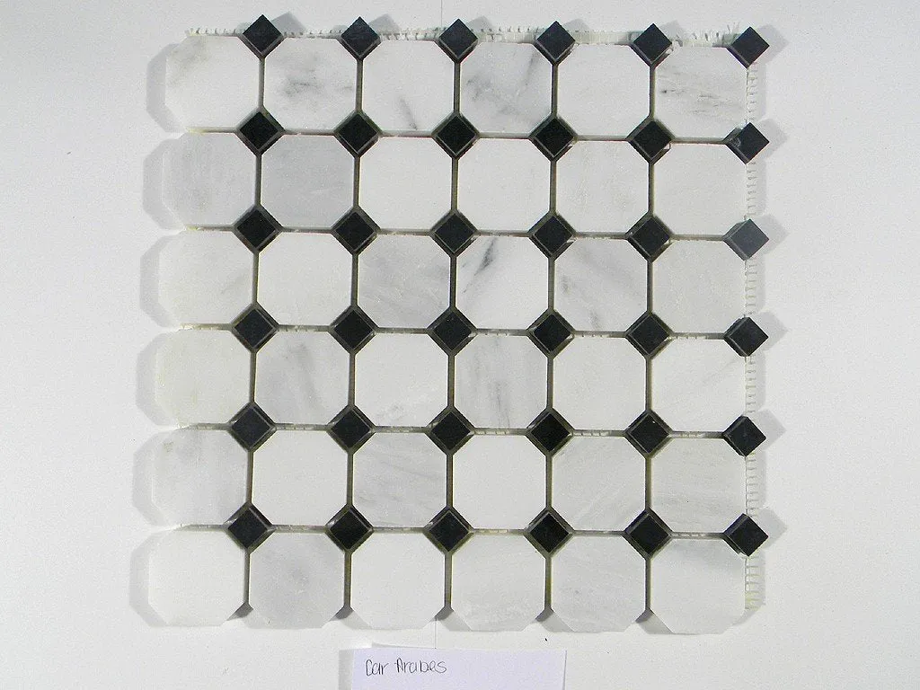 Cararra Arabescata 2" Octagon Polished with Black Dot Floor Pattern Tile