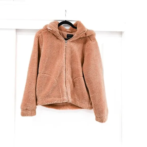Carbon38 Teddy Zip Up Jacket with Hood in Tan Size Medium