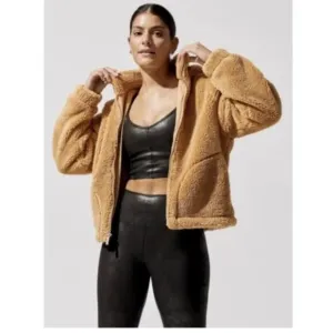 Carbon38 Teddy Zip Up Jacket with Hood in Tan Size Medium