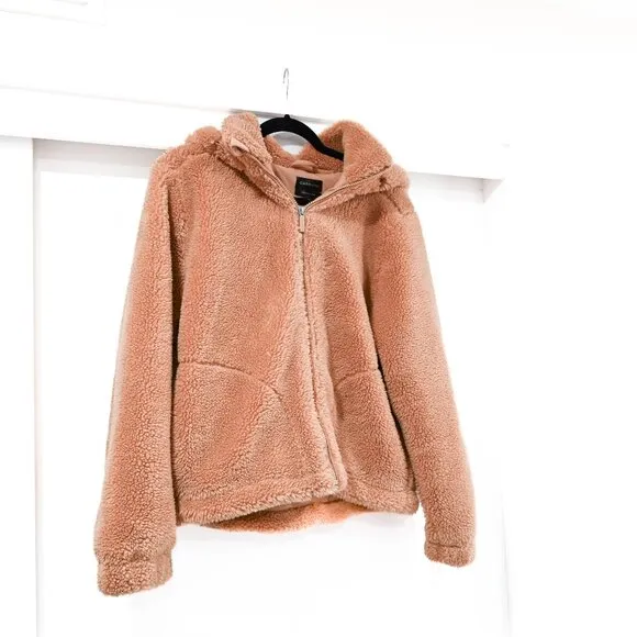 Carbon38 Teddy Zip Up Jacket with Hood in Tan Size Medium