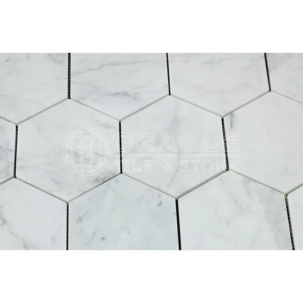 Carrara White Italian (Bianco Carrara) Marble 5 inch Hexagon Mosaic Tile, Polished