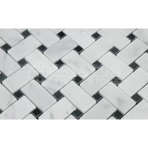 Carrara White Italian (Bianco Carrara) Marble Basketweave Mosaic Tile with Black Marble Dots, Polished