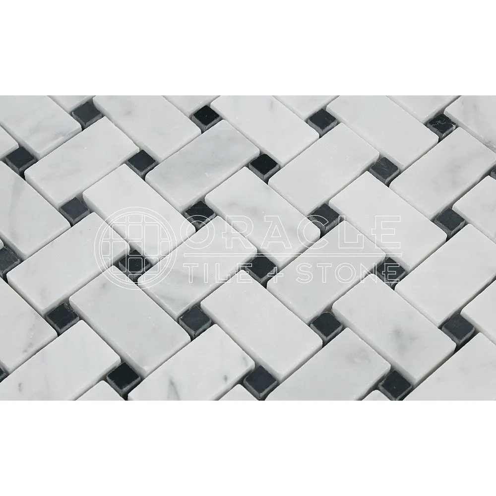 Carrara White Italian (Bianco Carrara) Marble Basketweave Mosaic Tile with Black Marble Dots, Polished
