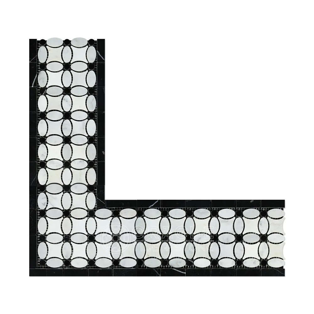 Carrara White Italian (Bianco Carrara) Marble Florida Flower Border (with Black Marble, Polished)