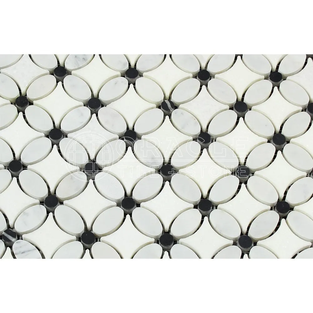 Carrara White Italian (Bianco Carrara) Marble Florida Flower Mosaic Tile with Black Marble Dots, Polished