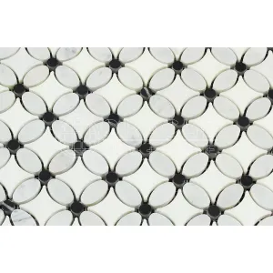 Carrara White Italian (Bianco Carrara) Marble Florida Flower Mosaic Tile with Black Marble Dots, Polished
