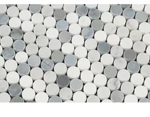Carrara White Italian (Bianco Carrara) Marble Tricolor (Carrara   Thassos   Blue & Gray Marble) Penny Round Mosaic Tile Mosaic, Polished