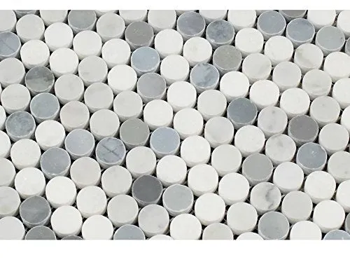 Carrara White Italian (Bianco Carrara) Marble Tricolor (Carrara   Thassos   Blue & Gray Marble) Penny Round Mosaic Tile Mosaic, Polished