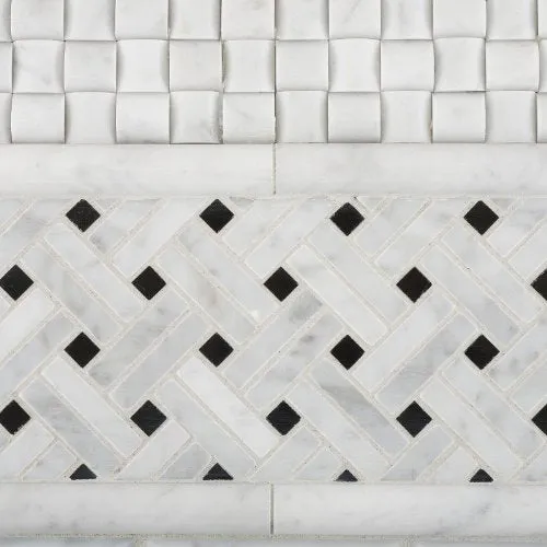 Carrara White Marble Polished Stanza Basketweave Mosaic Tile with Black Dots - 6" X 6" Sample