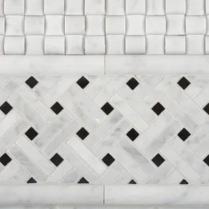 Carrara White Marble Polished Stanza Basketweave Mosaic Tile with Black Dots - 6" X 6" Sample