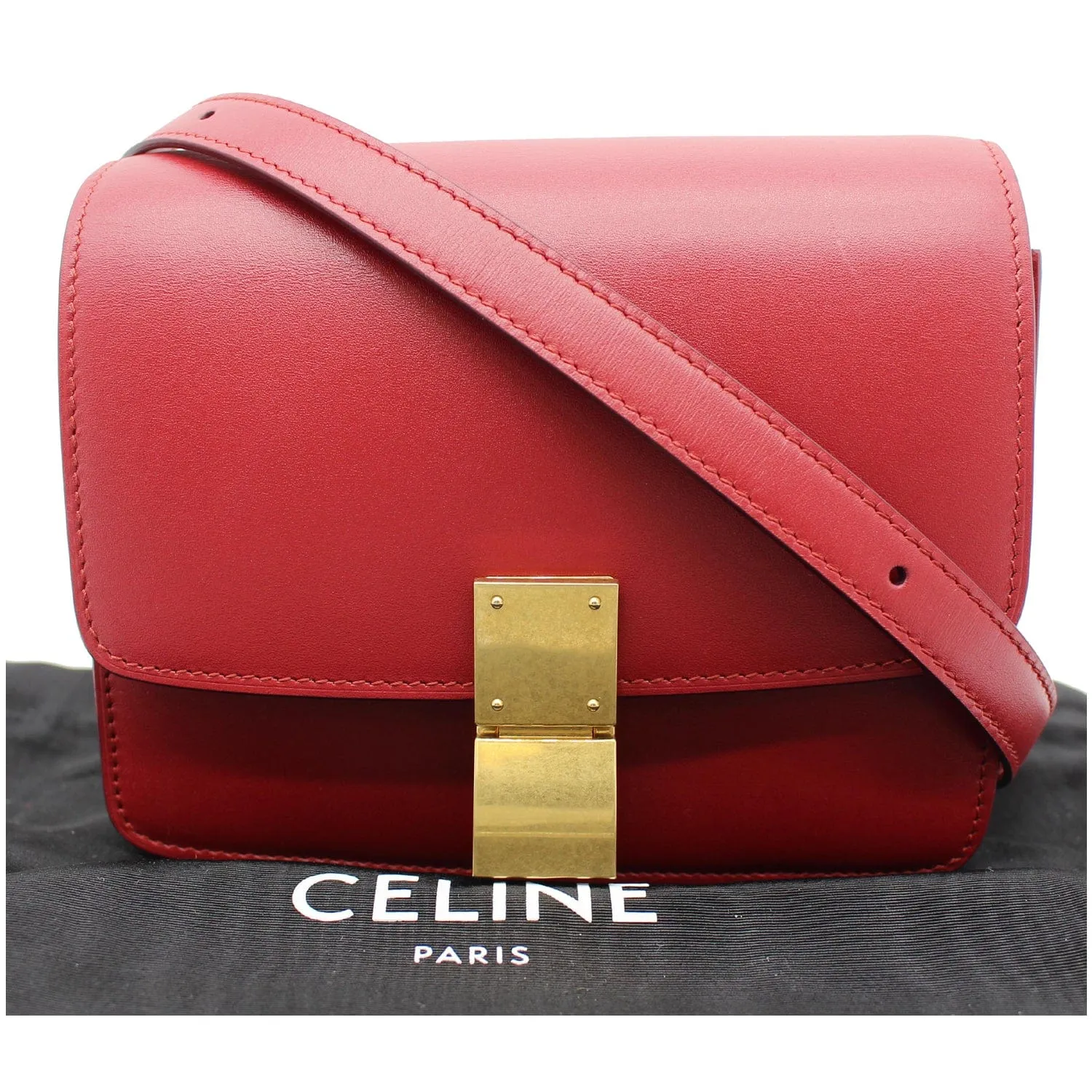 CELINE Small Classic Box Leather Flap Shoulder Bag Red
