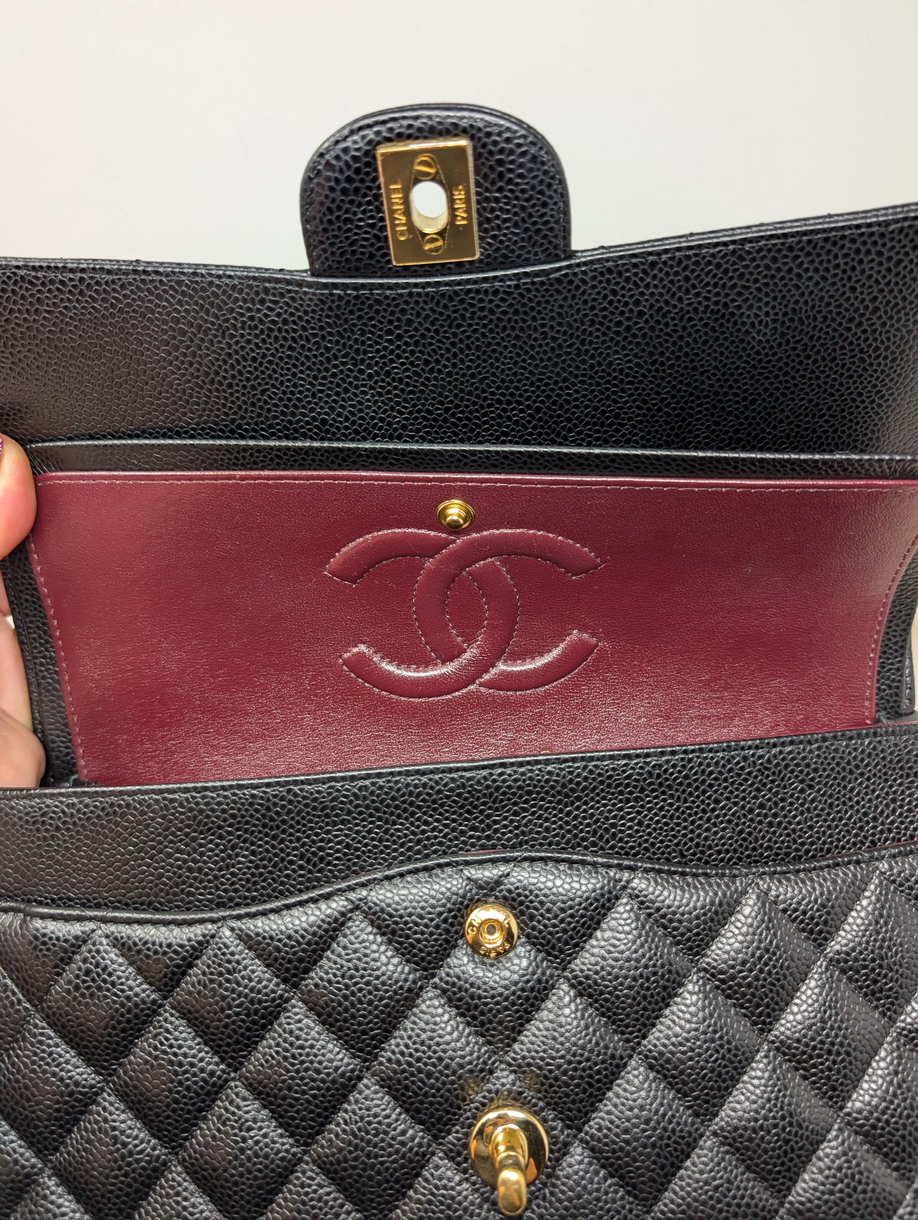 CHANEL BLACK CAVIAR MEDIUM DOUBLE FLAP, GOLD HARDWARE, SERIES 26, MINT CONDITION