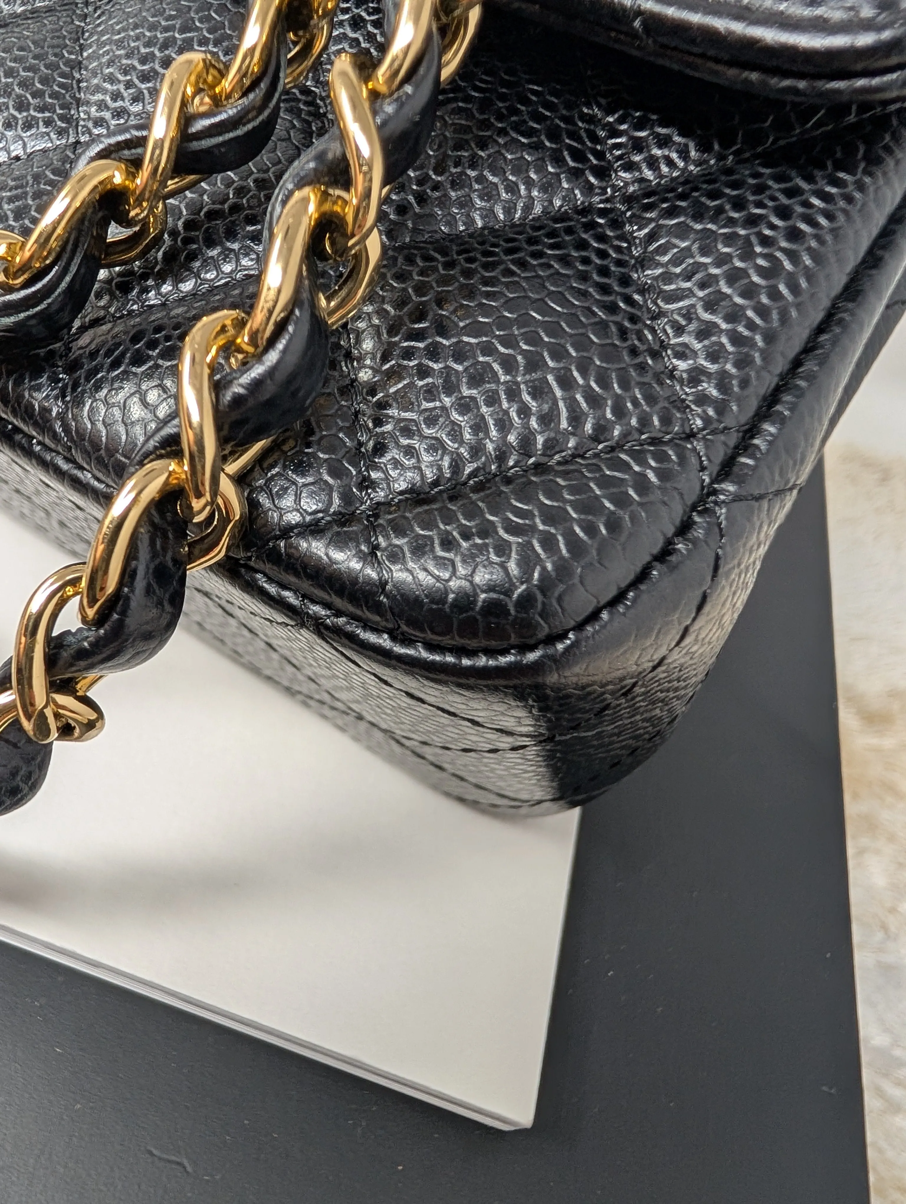 CHANEL BLACK CAVIAR MEDIUM DOUBLE FLAP, GOLD HARDWARE, SERIES 26, MINT CONDITION