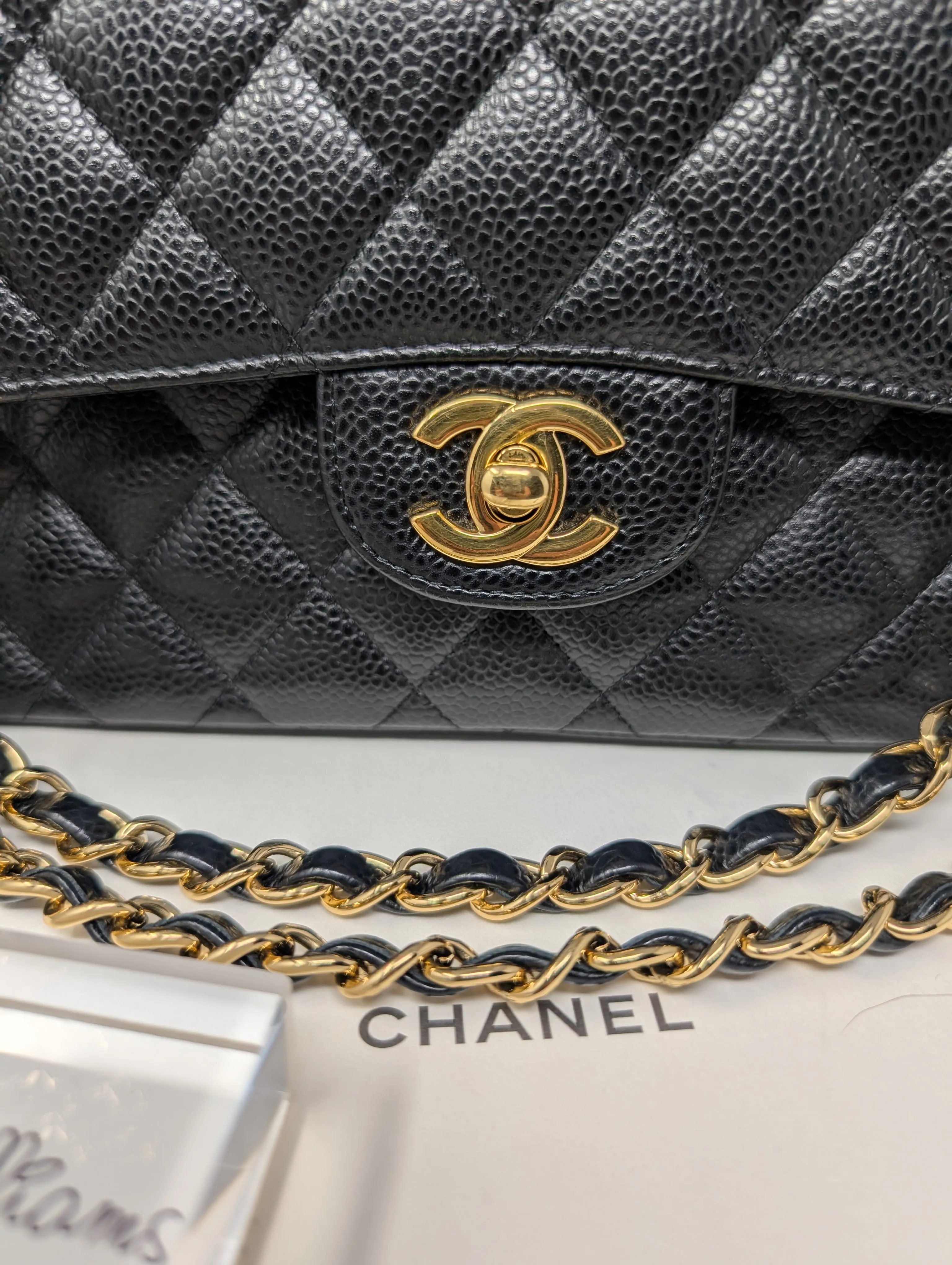 CHANEL BLACK CAVIAR MEDIUM DOUBLE FLAP, GOLD HARDWARE, SERIES 26, MINT CONDITION