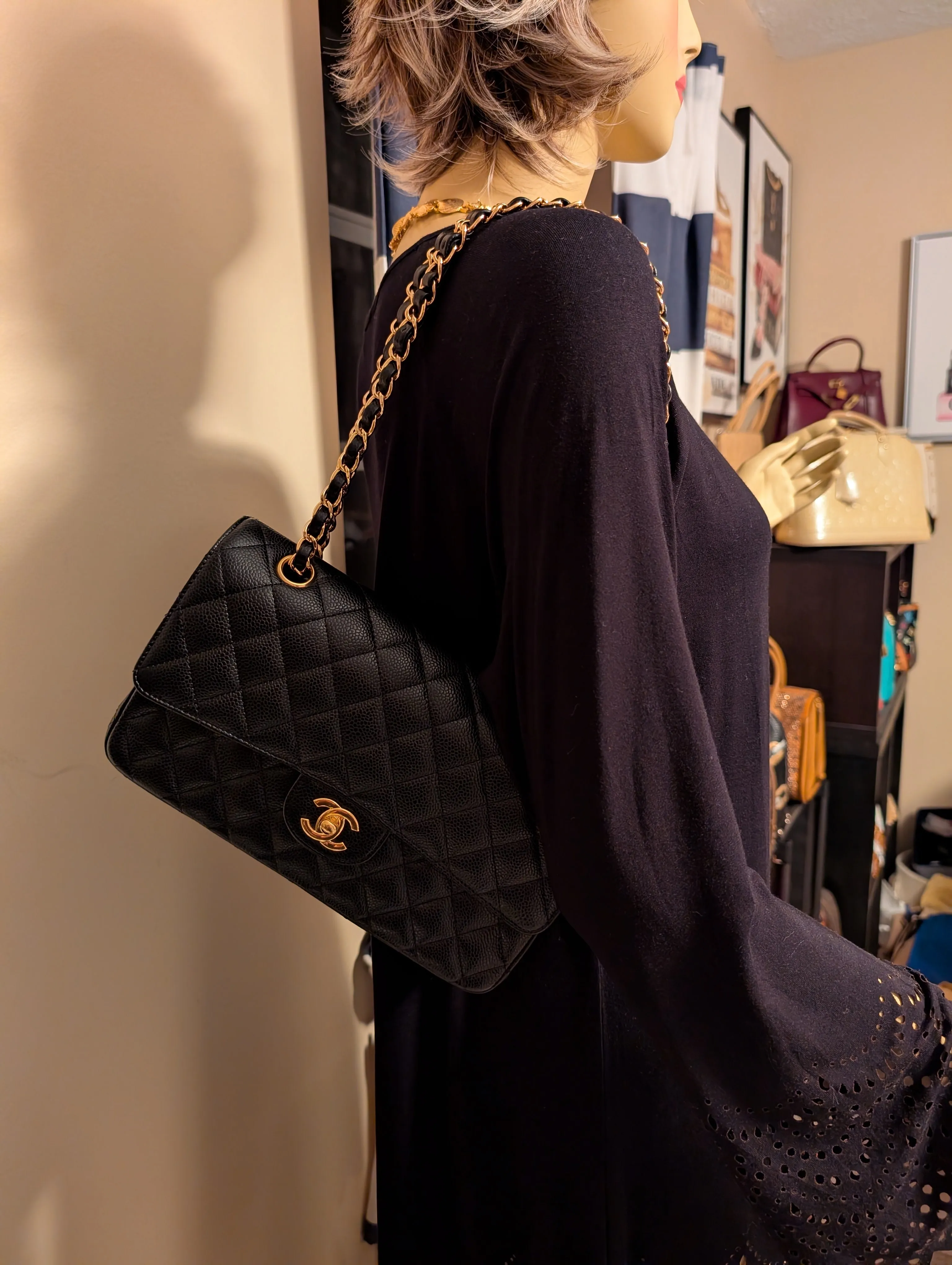 CHANEL BLACK CAVIAR MEDIUM DOUBLE FLAP, GOLD HARDWARE, SERIES 26, MINT CONDITION