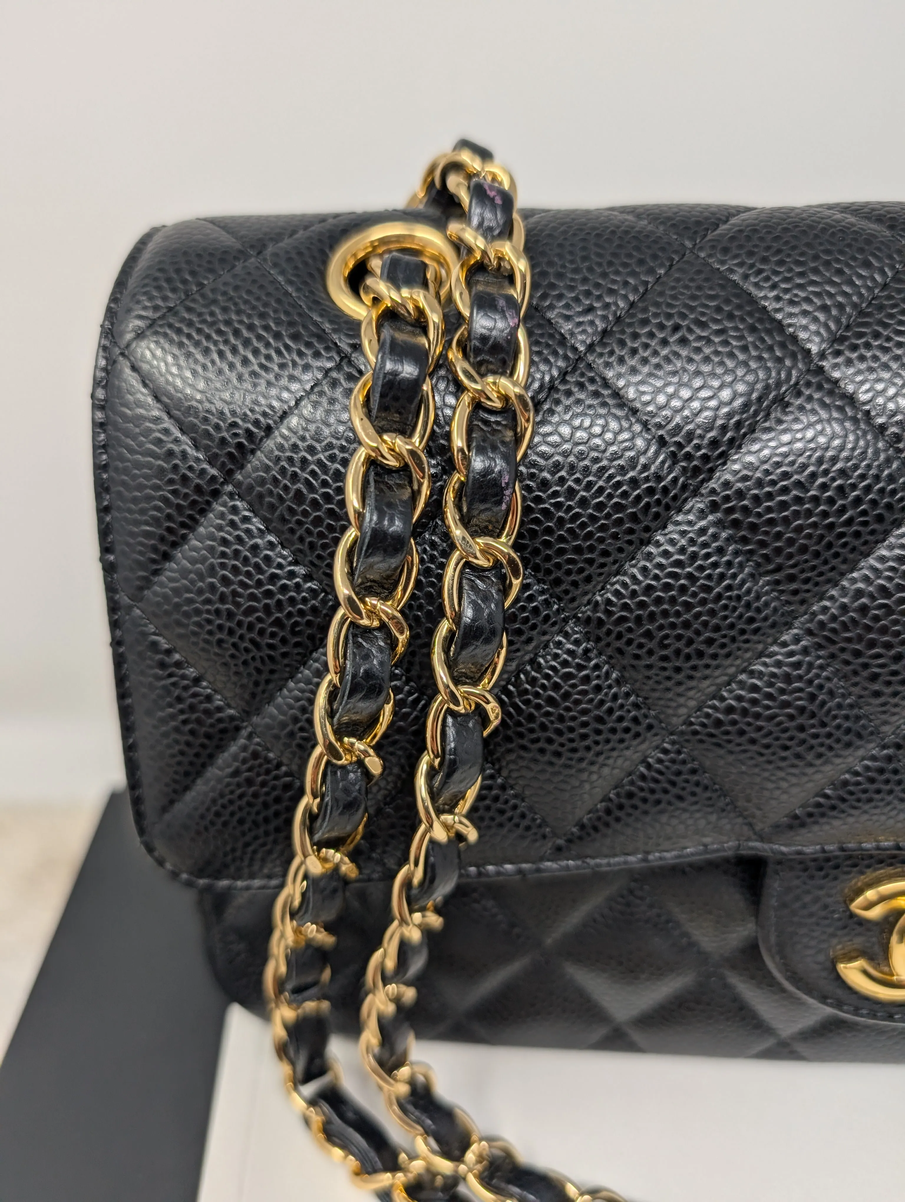 CHANEL BLACK CAVIAR MEDIUM DOUBLE FLAP, GOLD HARDWARE, SERIES 26, MINT CONDITION