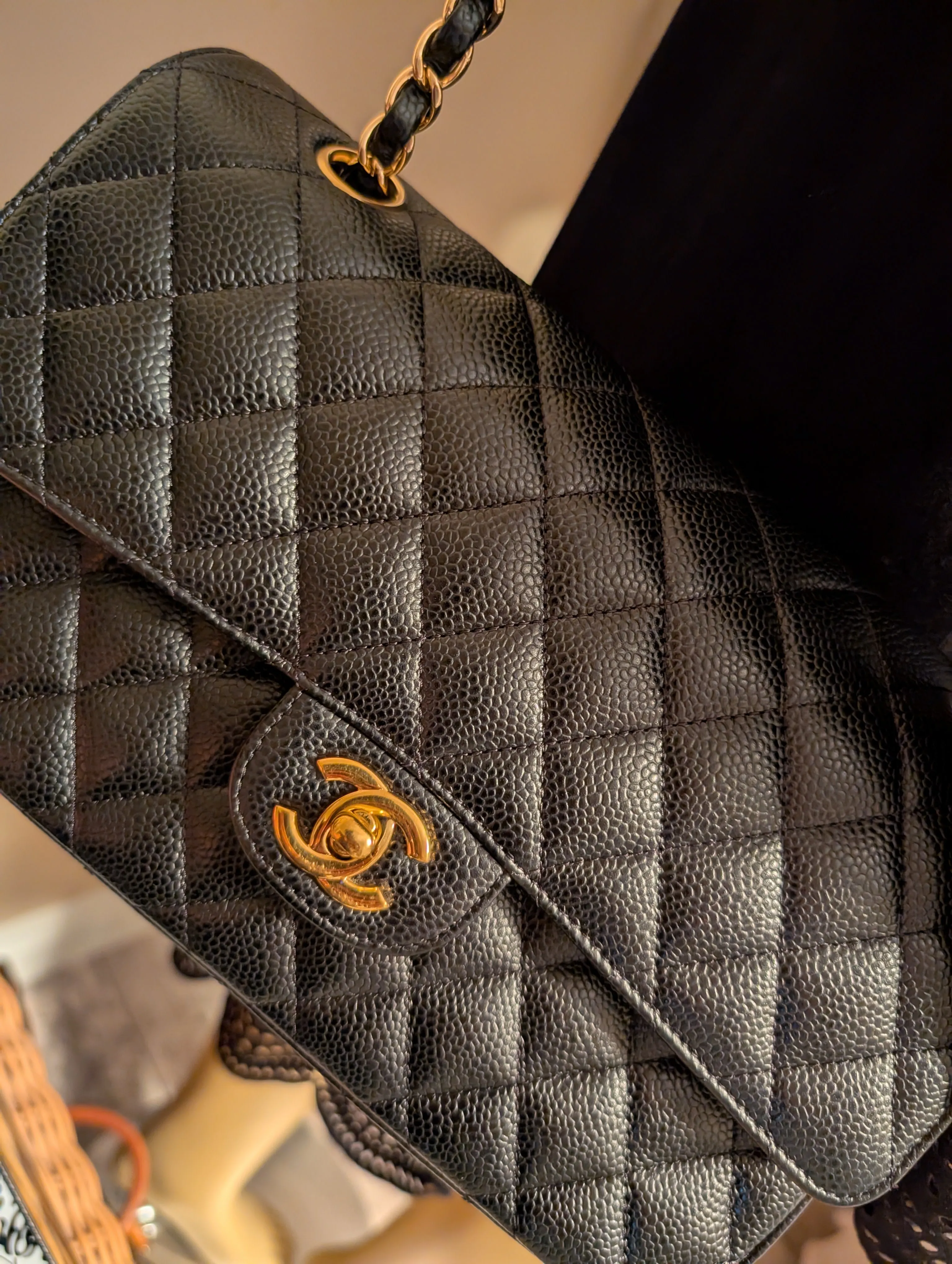 CHANEL BLACK CAVIAR MEDIUM DOUBLE FLAP, GOLD HARDWARE, SERIES 26, MINT CONDITION