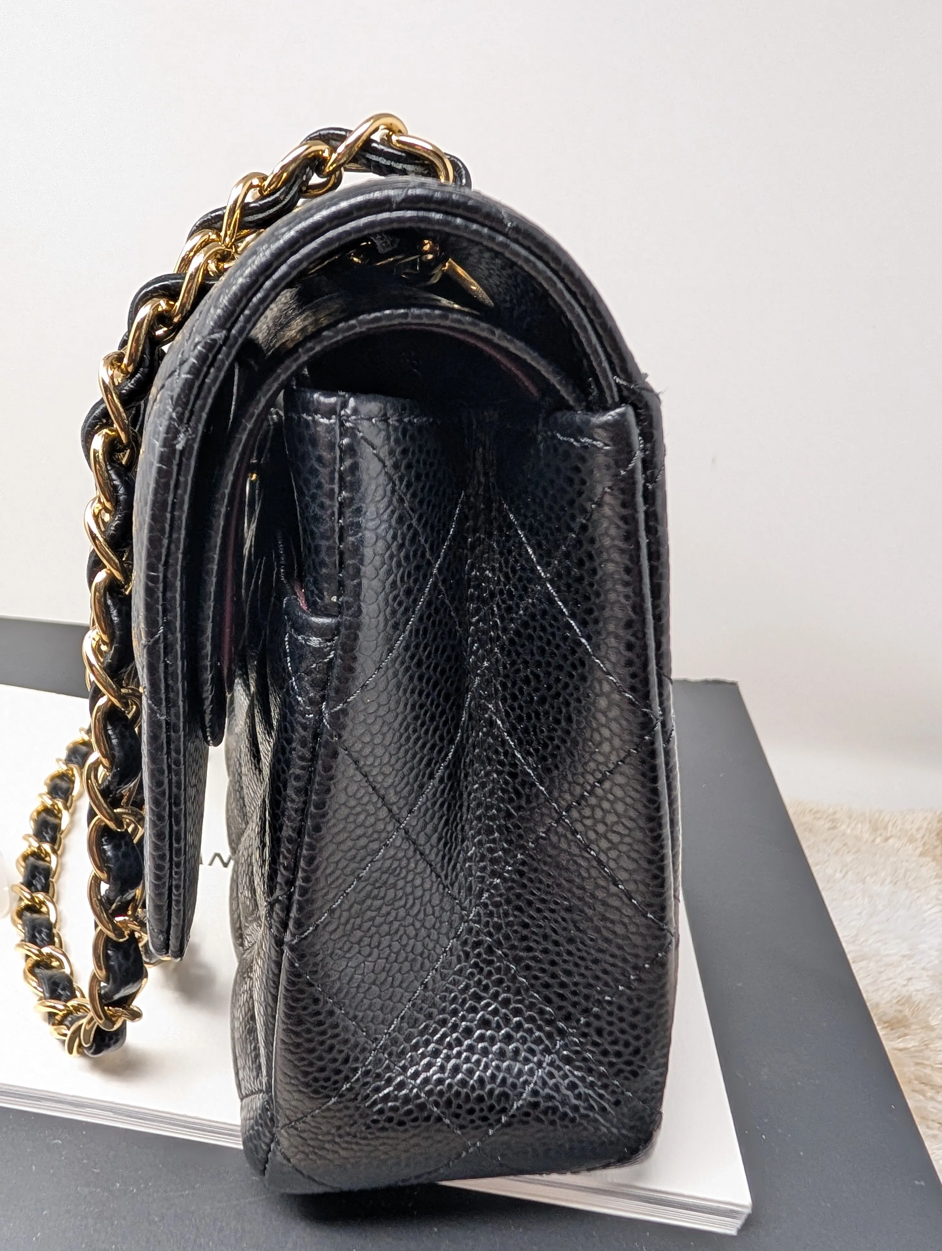CHANEL BLACK CAVIAR MEDIUM DOUBLE FLAP, GOLD HARDWARE, SERIES 26, MINT CONDITION