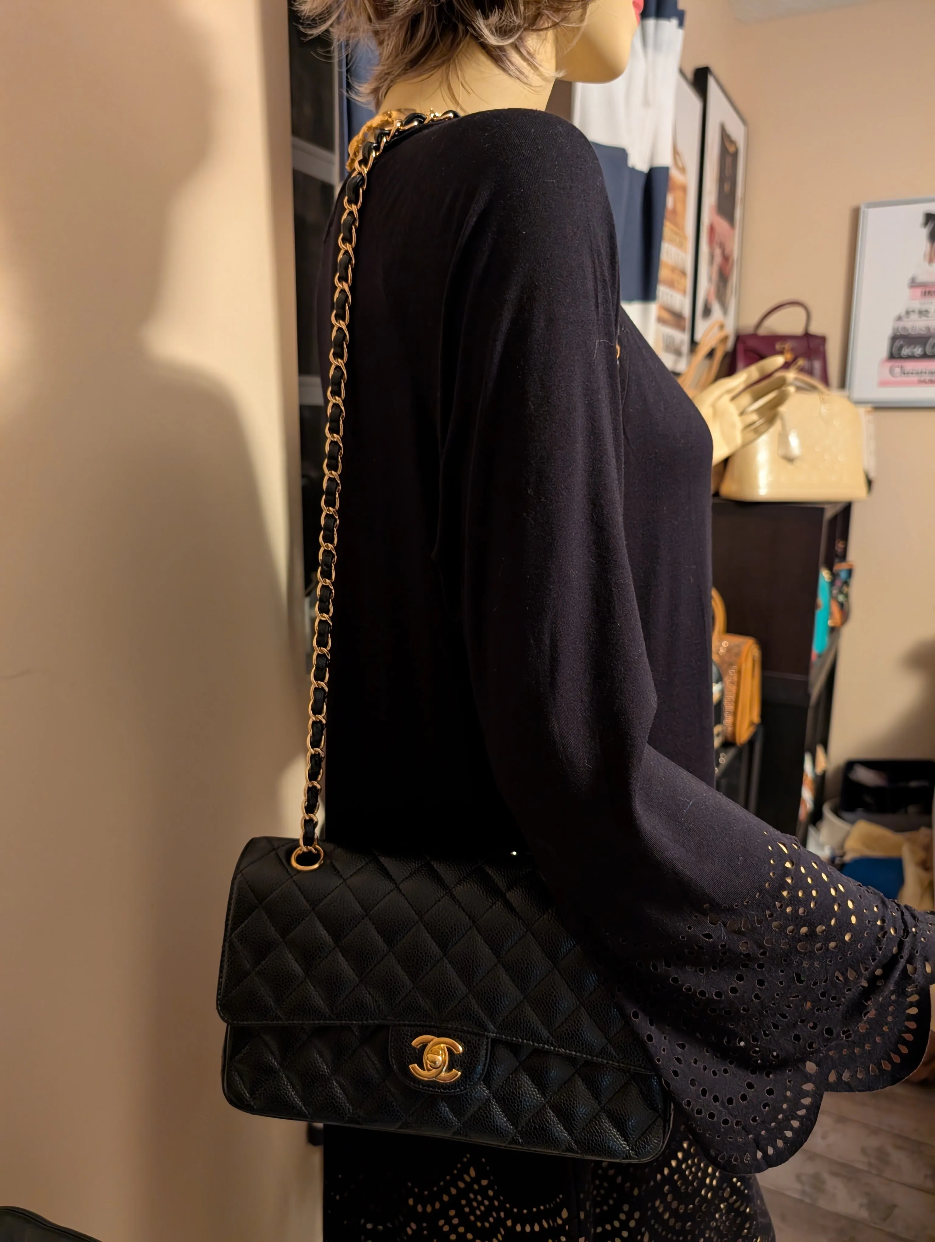 CHANEL BLACK CAVIAR MEDIUM DOUBLE FLAP, GOLD HARDWARE, SERIES 26, MINT CONDITION