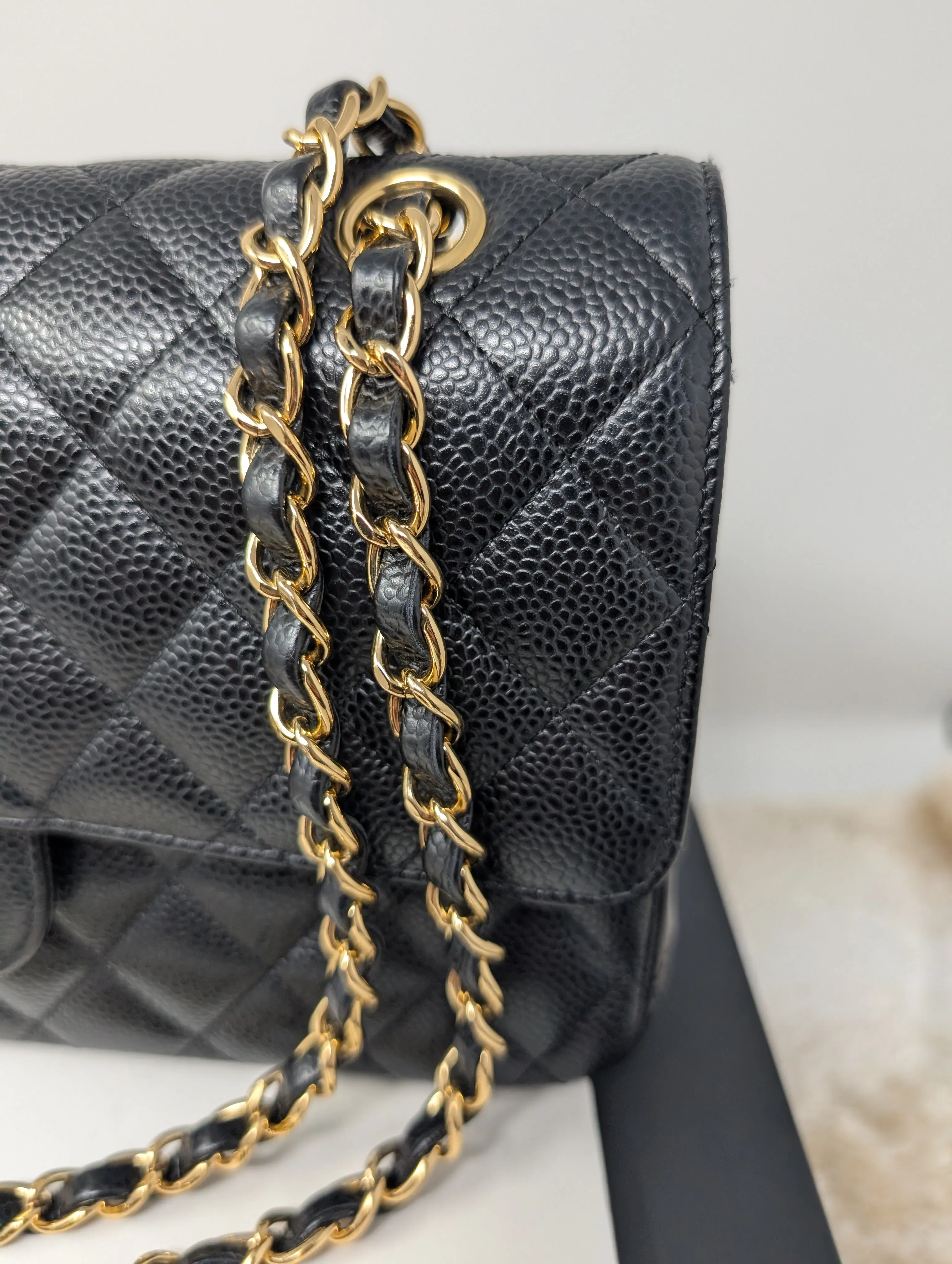 CHANEL BLACK CAVIAR MEDIUM DOUBLE FLAP, GOLD HARDWARE, SERIES 26, MINT CONDITION