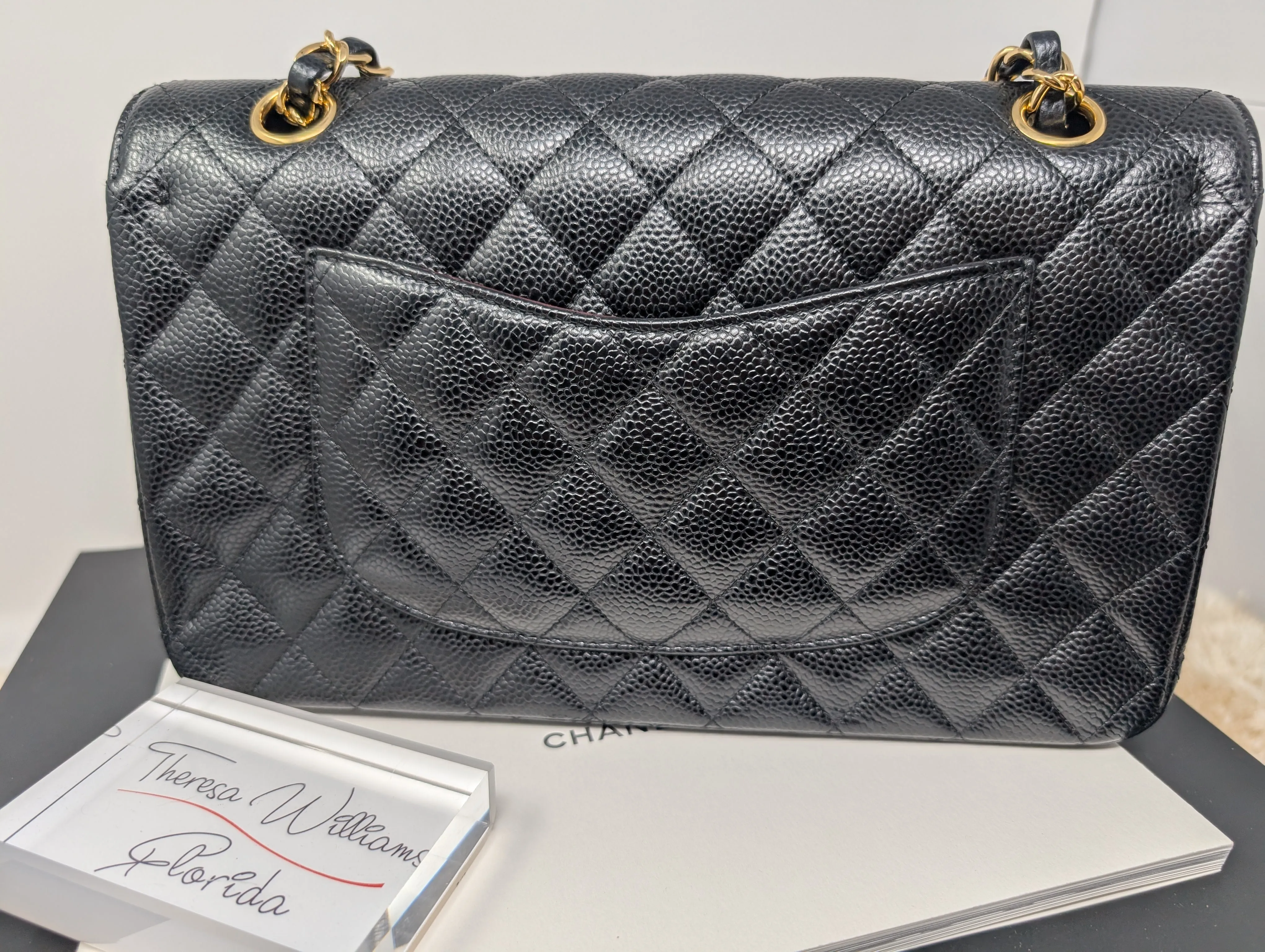 CHANEL BLACK CAVIAR MEDIUM DOUBLE FLAP, GOLD HARDWARE, SERIES 26, MINT CONDITION