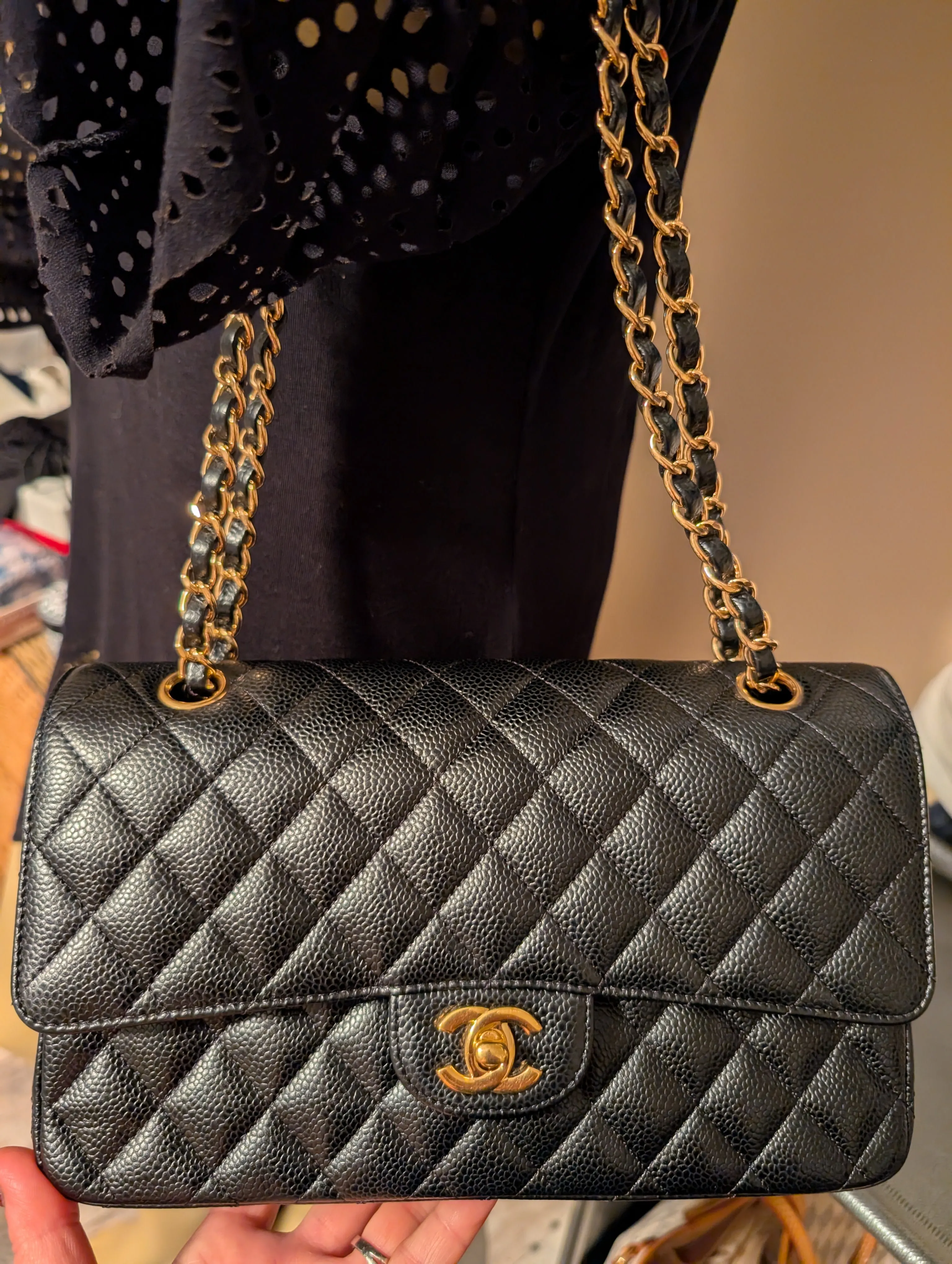 CHANEL BLACK CAVIAR MEDIUM DOUBLE FLAP, GOLD HARDWARE, SERIES 26, MINT CONDITION