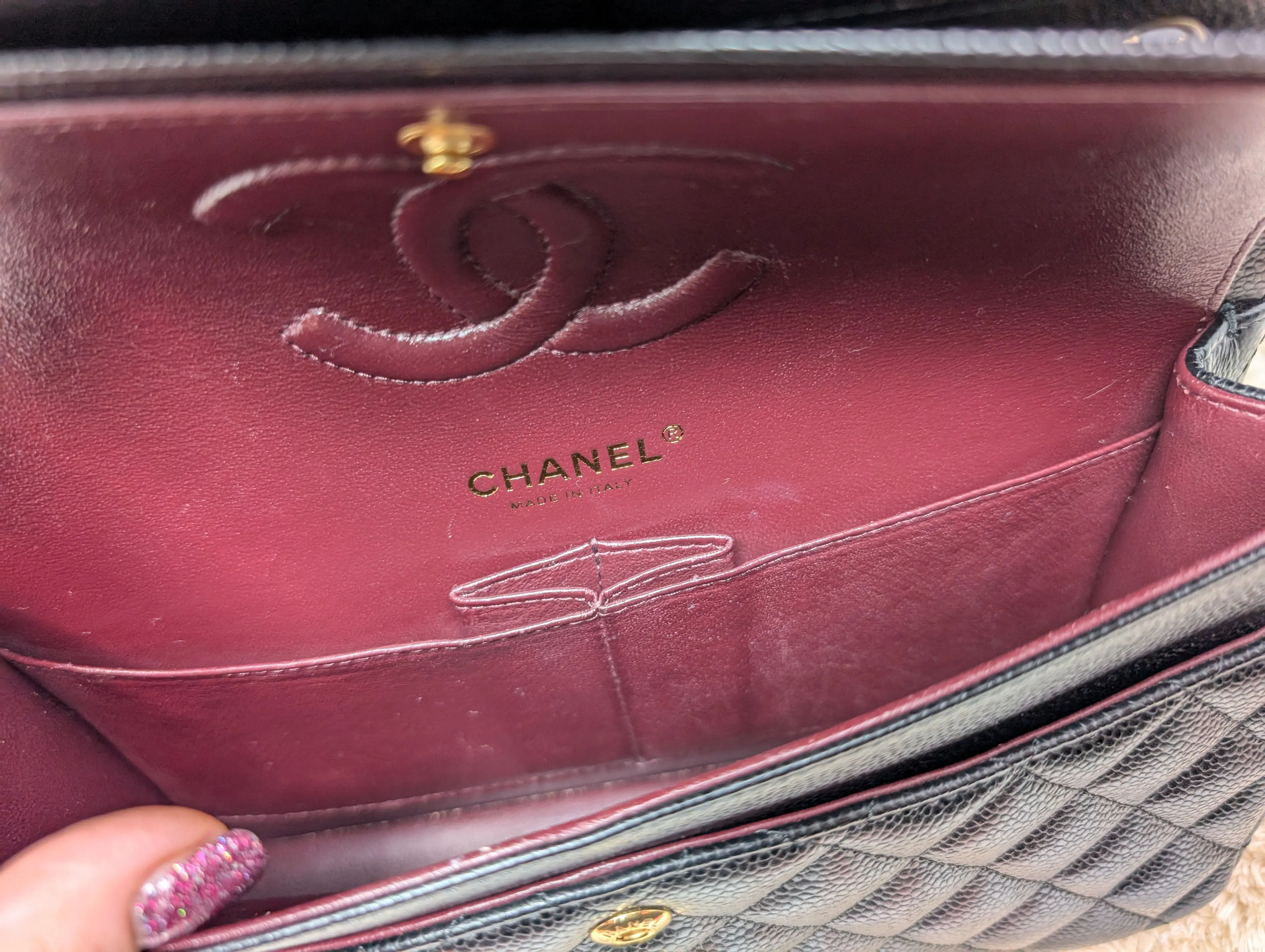 CHANEL BLACK CAVIAR MEDIUM DOUBLE FLAP, GOLD HARDWARE, SERIES 26, MINT CONDITION