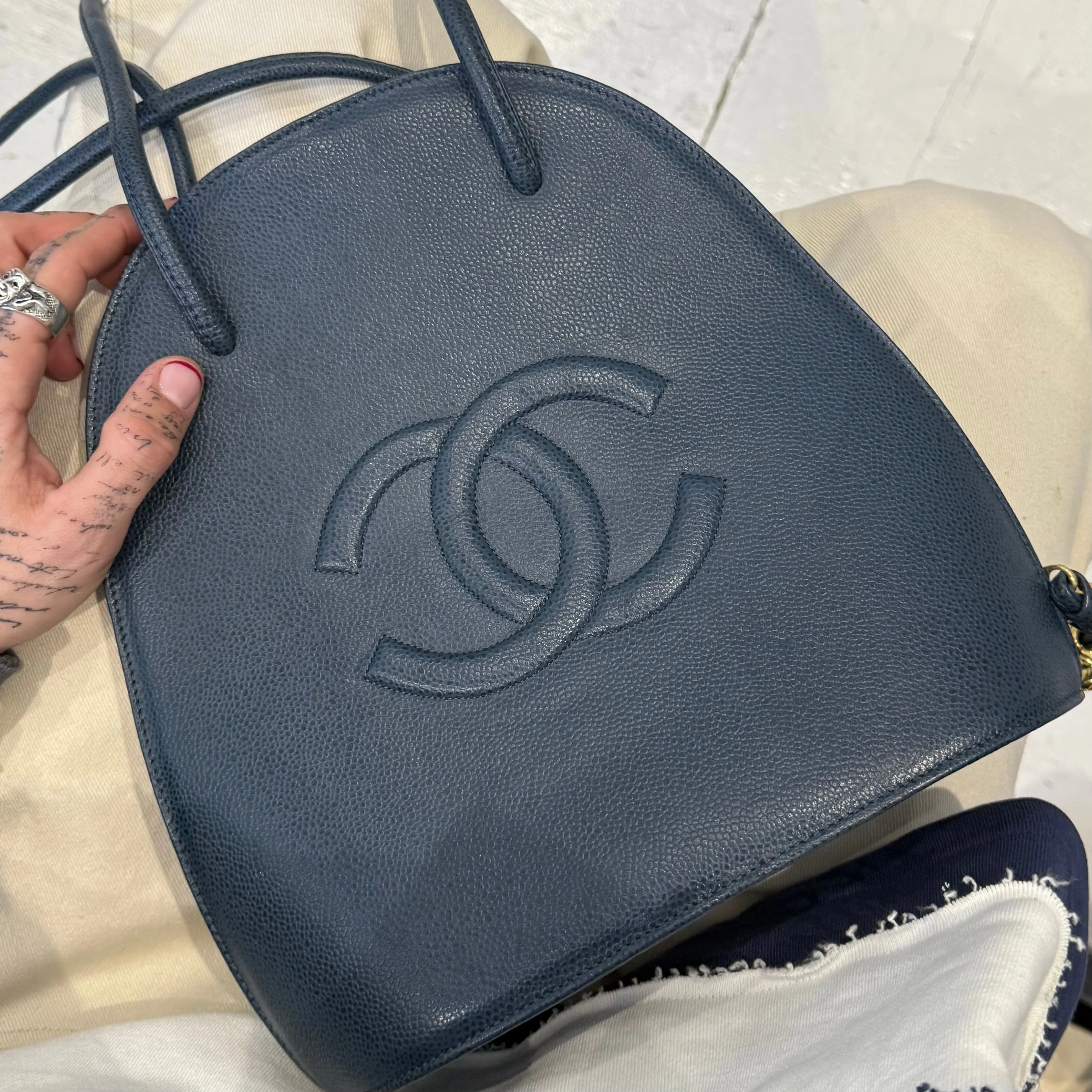 Chanel Navy Caviar Leather Logo Shoulder Bag