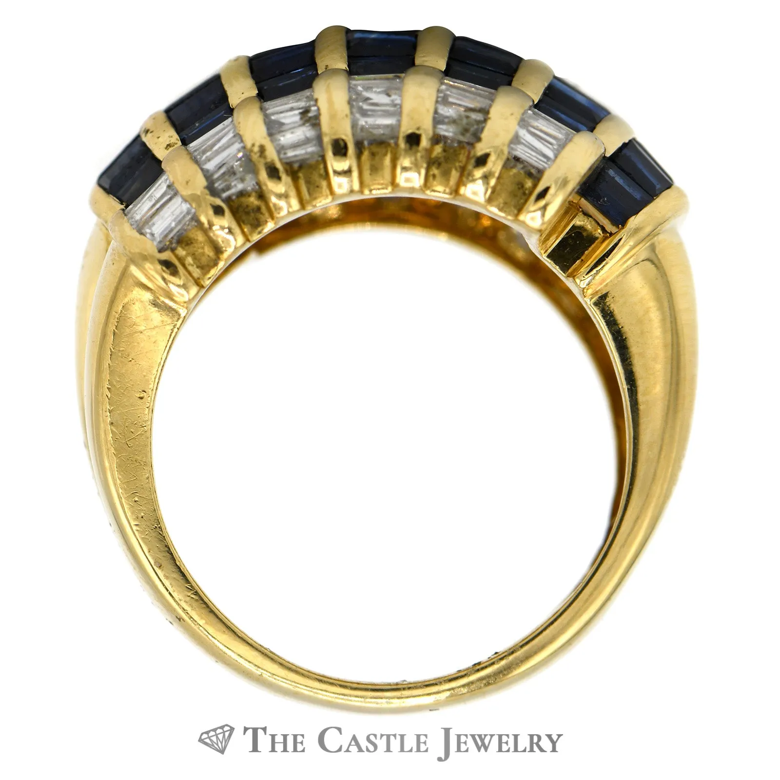 Channel Set Baguette Sapphire & Diamond Dome Ring in 18k Yellow Gold