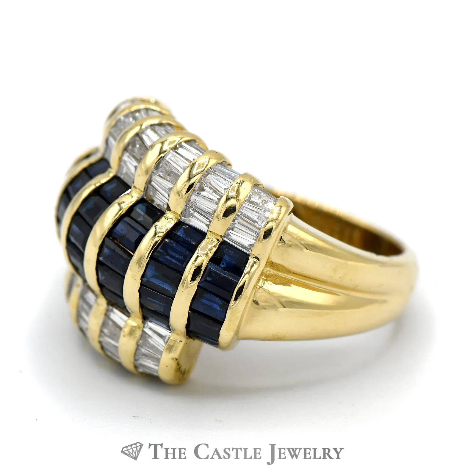Channel Set Baguette Sapphire & Diamond Dome Ring in 18k Yellow Gold