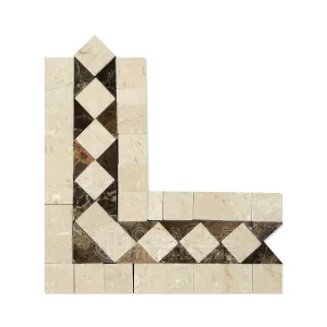 Crema Marfil Spanish Marble BIAS Border Corner with Emperador Dark Marble Dots, Polished