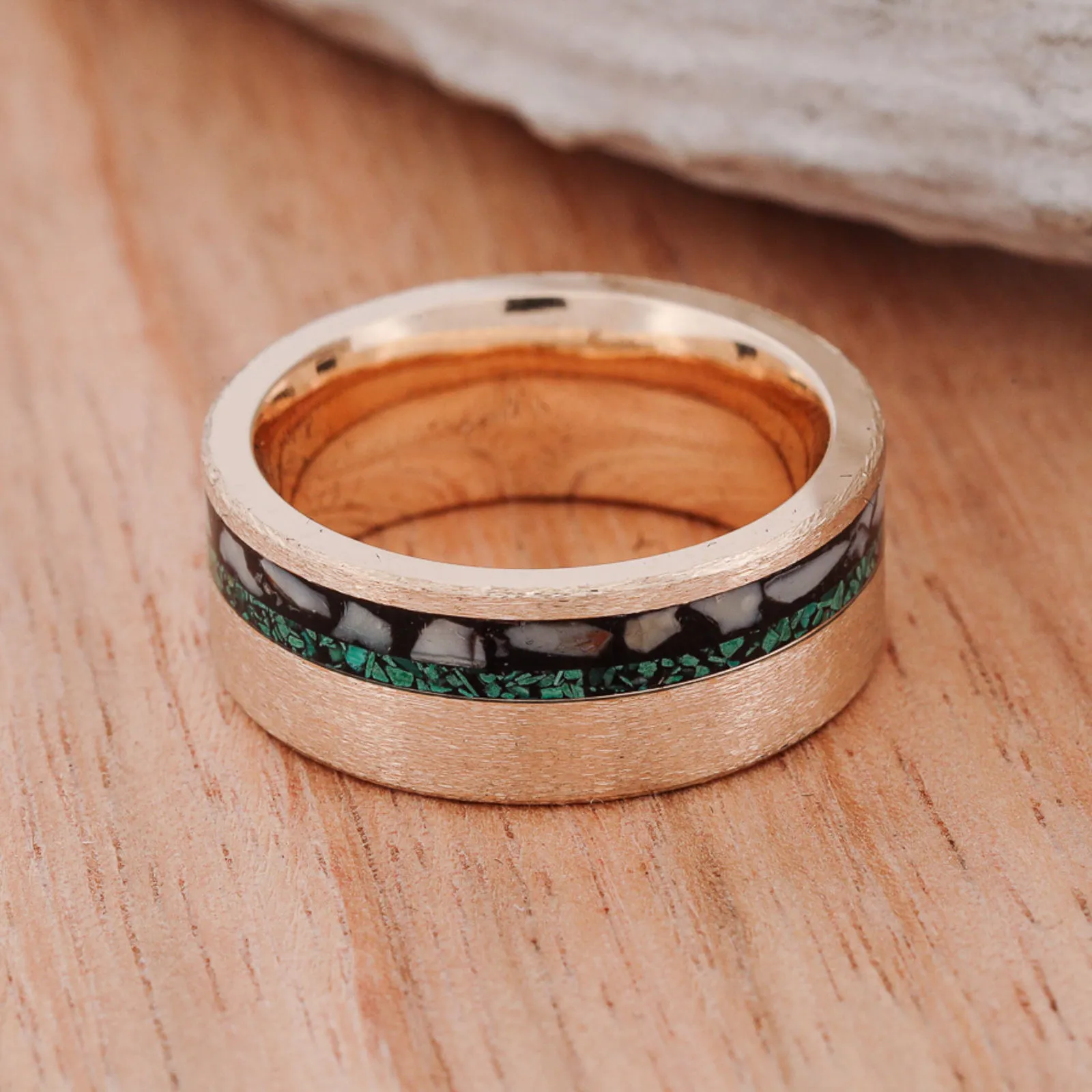 Crushed Elk Ivory, Green Malachite, & Brushed Metal