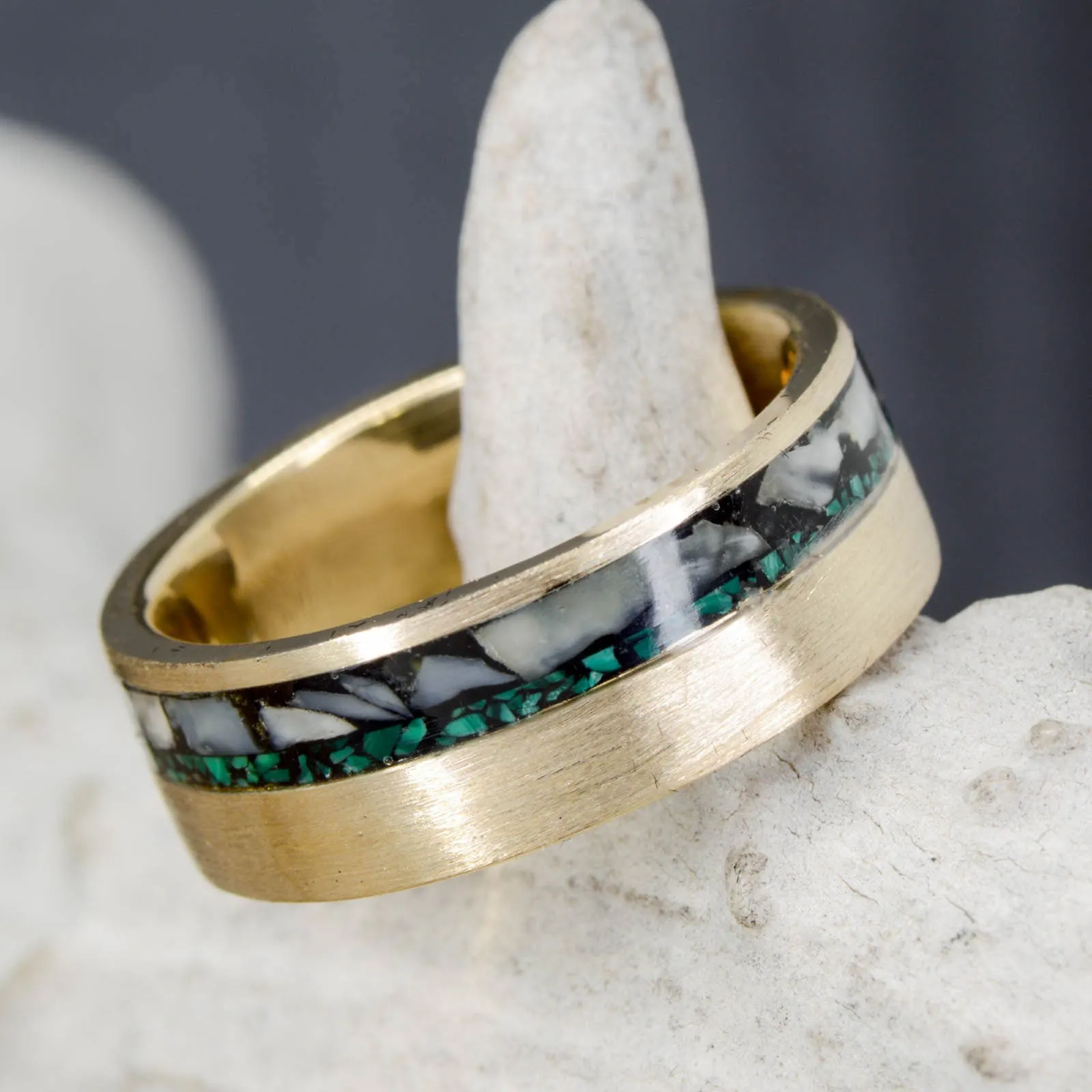 Crushed Elk Ivory, Green Malachite, & Brushed Metal